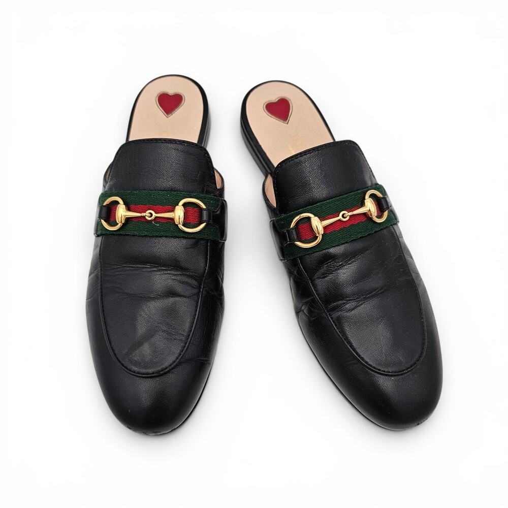 Gucci Princetown Horsebit Flat Mule Black Leather Webstripe Gold Size 37.5 7.5